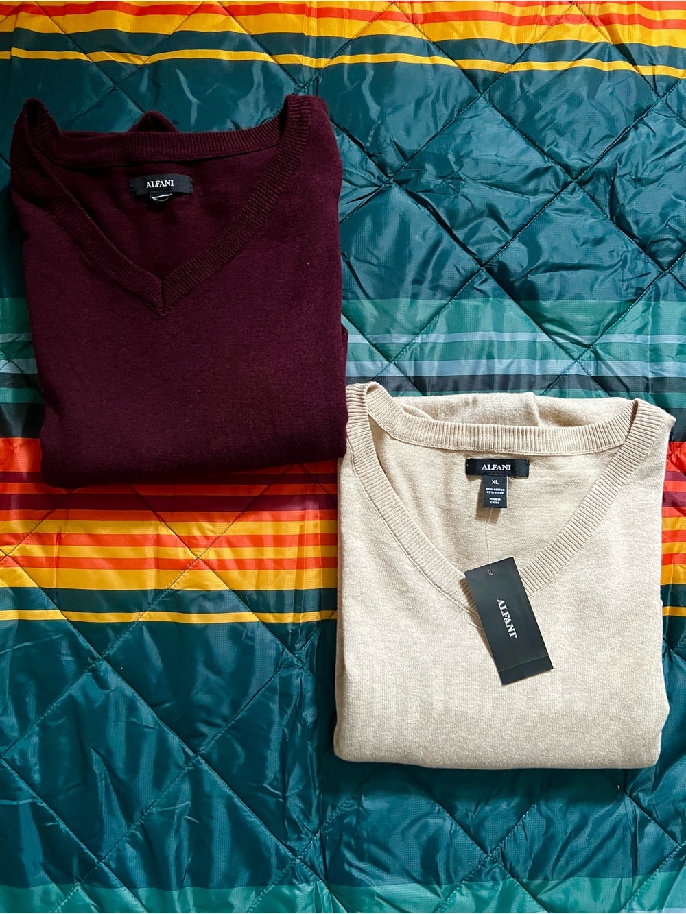 Two Alfani Men's Cream V-Neck Knit Sweater